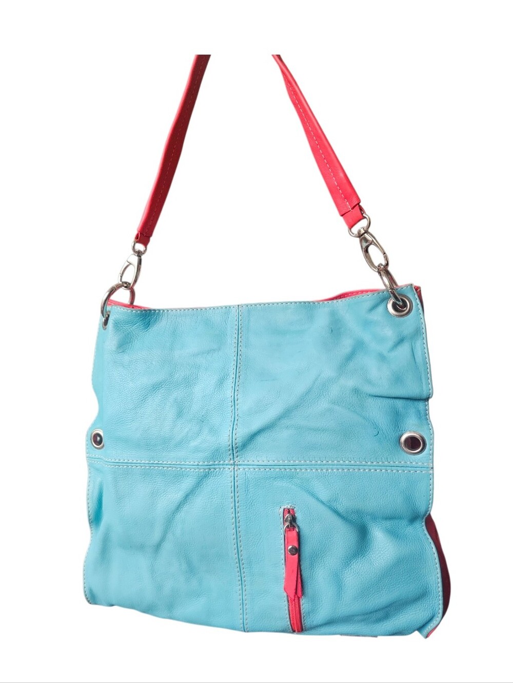 Vera Pella Leather Italy hobo purse  Shoulder Bag in Aqua with Pink Accent